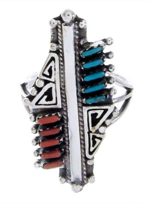 Silver Coral Turquoise Needlepoint Southwest Ring Size 8-1/4 BW68042